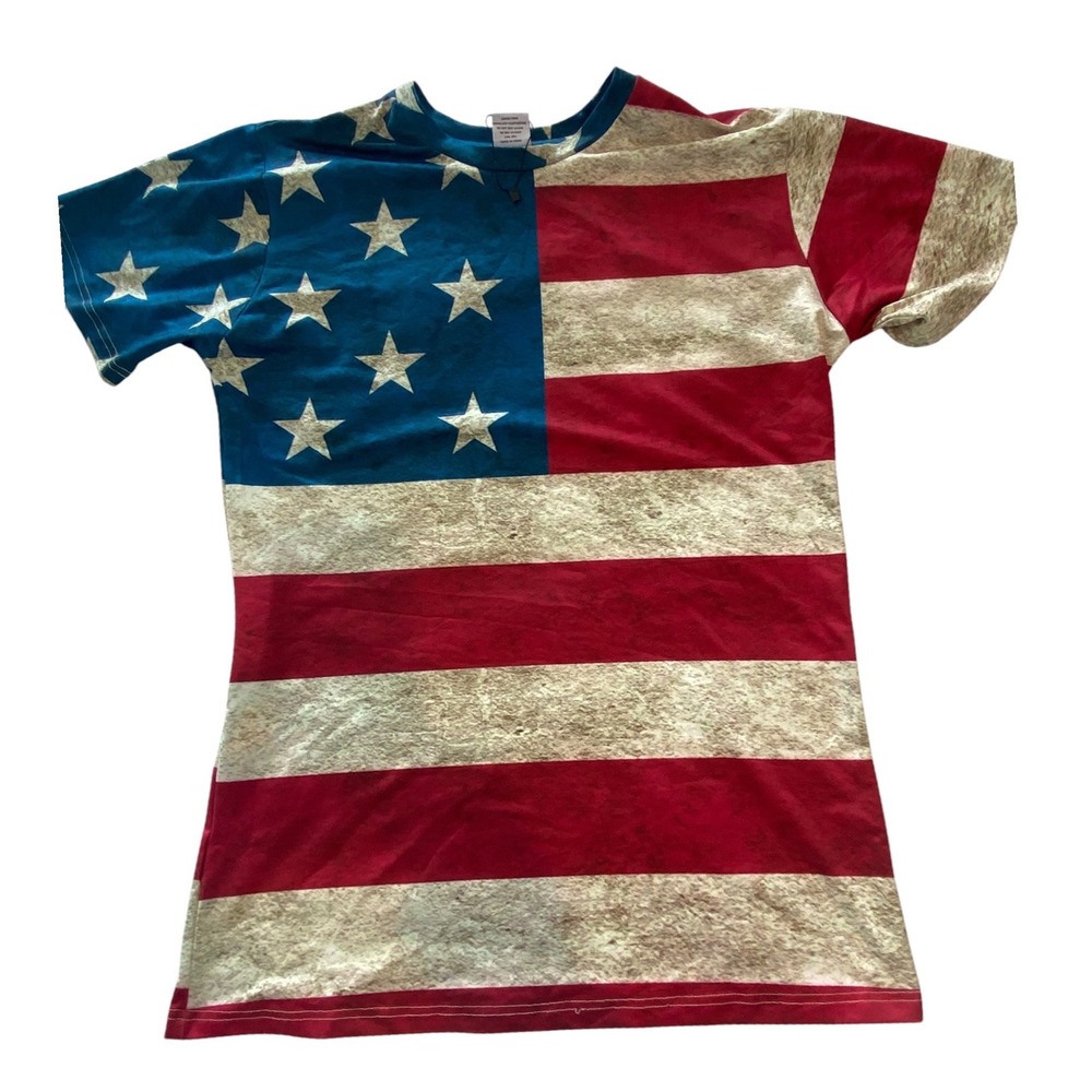 American Flag Rayon Stretch Photo Print T-Shirt Patriotic Muted Red White Blue